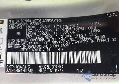 2004 Toyota Highlander Limited V6 z USA, uszkodzony, nr VIN JTEDP21A040017544